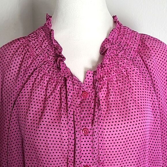 LOFT Pink & Black Polka-dot Sheer Blouse, Ruffled Hemline & Collar, Size Medium - Picture 3 of 11